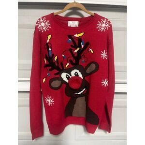 Ugly Christmas Sweater XL Red Reindeer Oh Deer Pom Pom Nose Daisys Boutique